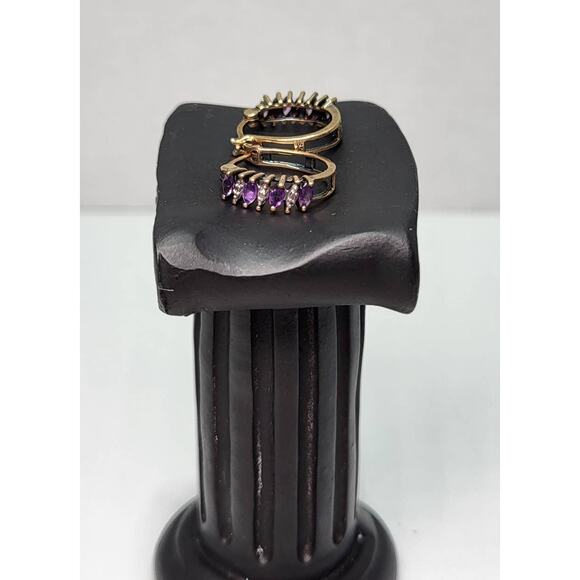 Sterling Silver 925 Marquise Cut Amethyst Diamond Chip Hoop Circle Earrings - Picture 10 of 11